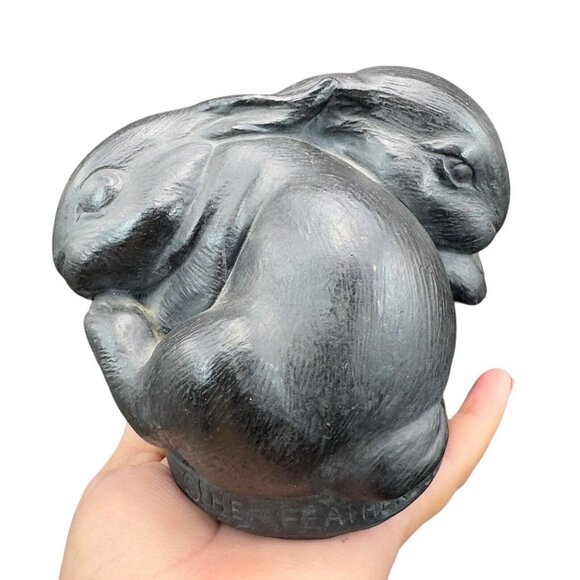 Vintage Hen Feathers Two Bunnies Collection 1985 Pottery Sculpture Figurine VTG - Picture 1 of 14